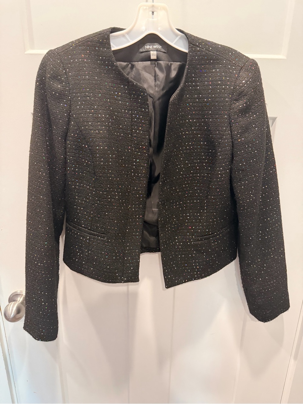 Nine West Black Sparkle Cropped Blazer Jacket Size 2 Holiday Party
